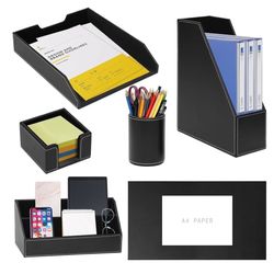 (4002)6 Piece Office Supplies/Desk Organizer Set with Desktop Leather Writing Pad,File Paper Tray,Magazine folder Holder, Pen Cup,Sticky Note Holder,