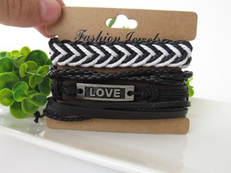 Adjustable Size up to 9.5inc Braided Multi-layer Leather Bracelet (Set of 4), Love