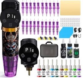 Airbrushed Image Tattoo Kit Tattoo Gun Wireless Tattoo Machine with 2 Batteries, Tattoo Ink Color Set, 20Pcs Tattoo Needles