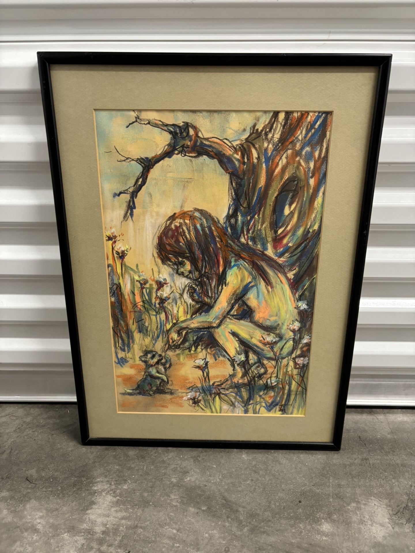 Vintage Framed & Signed Pastel Art of Child with Woodland Critter