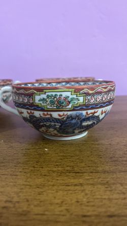Green And Blue Dragon Cups And Saucers Handpainted