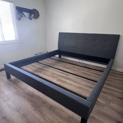 King Upholstered Bed Frame With Base Box - Dark Blue