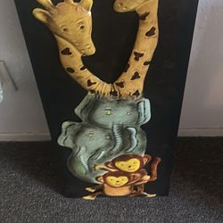 Metal wall Art Giraffe Elephant and Monkey Picture 29 Inches Tall 12 Wide