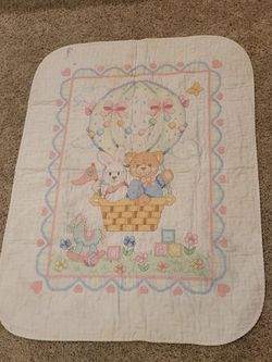 Cross Stitch bear and bunny baby blanket approx 30x40"