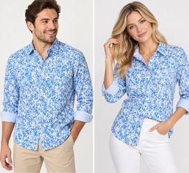CHAPS woman Small P Blue White Floral 100% Cotton No Iron Button Down Shirt