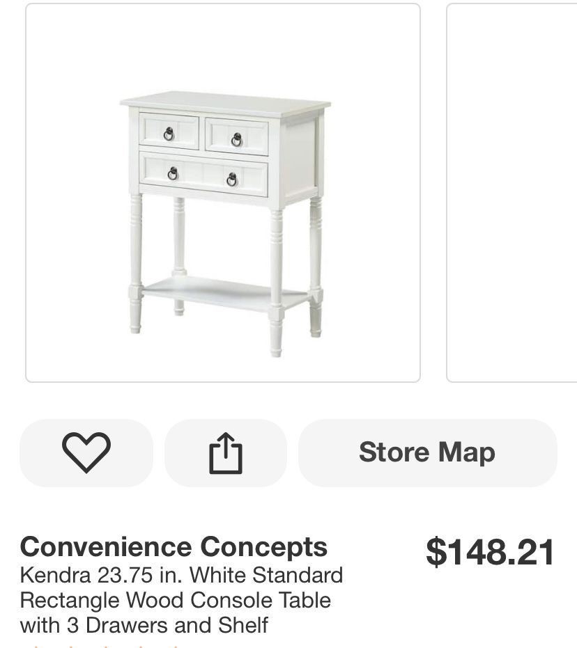 Convenience Concepts Kendra 23.75 in. White Standard Rectangle Wood Console Table with 3 Drawers and Shelf