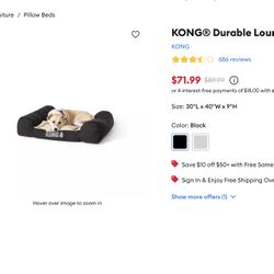 Kong Durable Lounge Bed Dog 30” X 40” X 9”