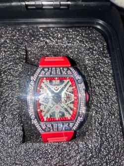 Skeleton Dial Watch with Diamond Bezel Red Strap