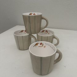 4 Cottage Farmhouse Primitive Stripe Bird Ceramic Coffee Tea Mugs Cups