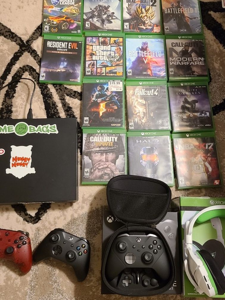 Xbox One X (4K VERSION) WITH 3 CONTROLLERS, HEADSET, AND GAMES