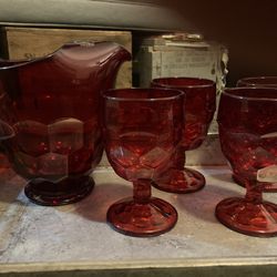 Viking Glass Vintage Ruby Red Pitcher And Goblet Set