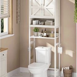 Over The Toilet Storage Cabinet - Bathroom Shelves Above Toilet Freestanding Organizer Shelf with Doors Narrow Floor Stand Rack Farmhouse Wood 71" Tal