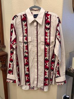 Vintage Wrangler Beige Red Western Cowboy White Pearl Snap Aztec Shirt Size XL