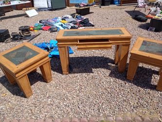 Mantle on stands with a slide out drawer and two matching end tables solid wood