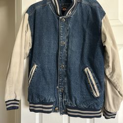 Denim Varsity Jacket with Khaki Sleeves, size S. Good condition