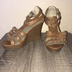 Express Brown Buckle Wedges