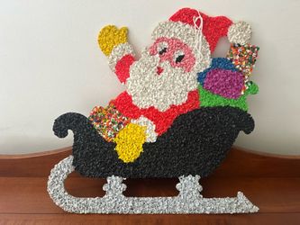 Glitter Plaque Melted Popcorn Santa on Sleigh 19.5” wide 19.25” tall