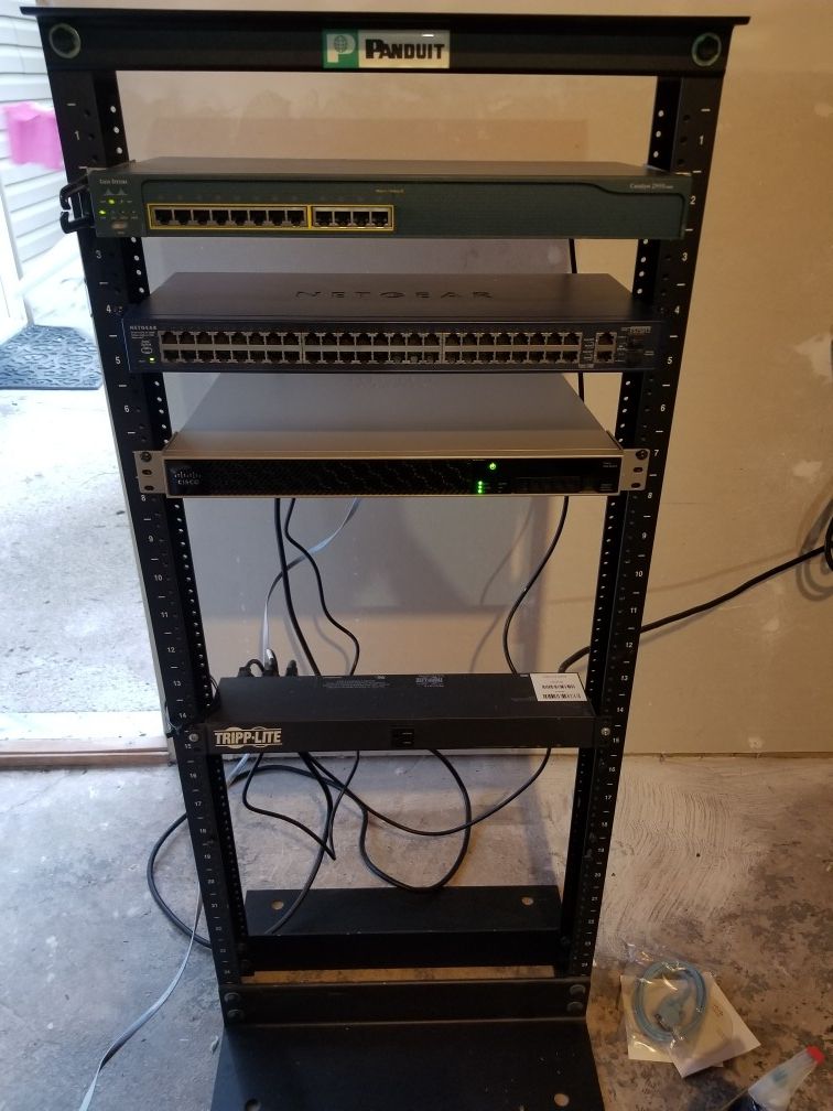 Network Rack with Cisco Firewall, Switches, and Power Strip