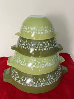 Vintage set 4 PYREX Cinderella Mixing Bowls Spring Blossom Green #441-444