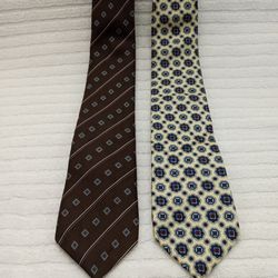 2 SILK DESIGNER NECK TIES: Hardy Amies (Brown) & Blair (Yellow/Blue) Classic Style Geometric Patterns, VINTAGE Excellent Condition 