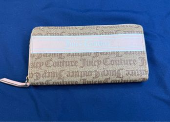 Juicy Couture Zip Around Wallet Tan Logo Pink Stripe Wristlet