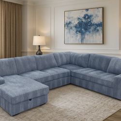 IKEA Gray Corduroy Sectional Sofa w/ Chaise, Storage, USB Charger & Cup Holders Like-New