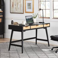 *Brand New* Enzo Writing Desk with 3 Rattan Storage Drawers, Black Finish