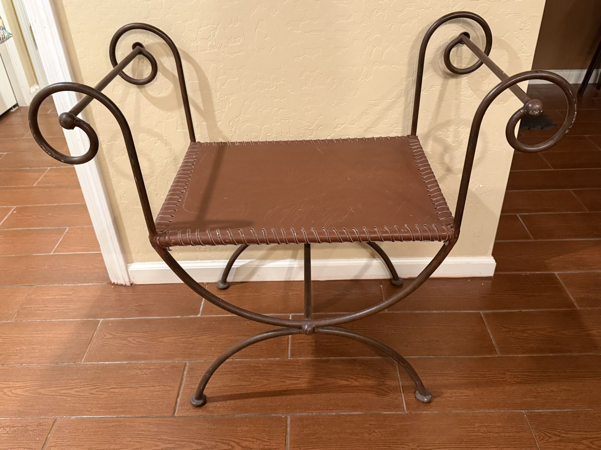 Wrought Iron And Leather Accent Stool