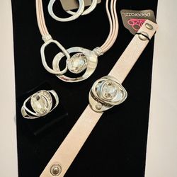 Creamy Pink Leather & Silver Statement Set