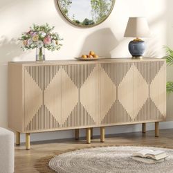 New assembled Modern Natural Buffet Sideboard Cabinet, 59-Inch Kitchen Buffet Cupboard with Doors, Large Credenzas Coffee Bar Cabinet for Living Room,