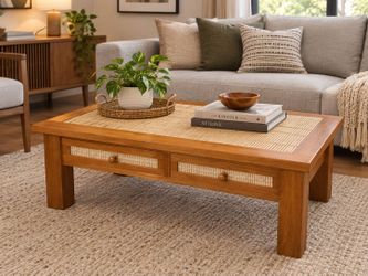 Wood and Rattan Coffee Table with Drawers