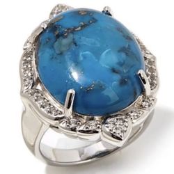 Large Turquoise & White Topaz Stones in Rhodium over Sterling Silver Ring