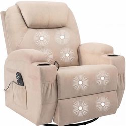 JUMMICO Small Swivel Rocker Recliner, 360 Rocking Chair Recliner with Massage, Upholstered Fabric Rocker Recliner with Cup Holder for Living Room, Bed