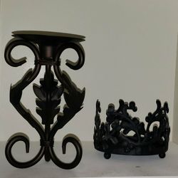 X2 BLACK METAL IRON VICTORIAN GOTHIC GOTH ORNATE CANDLE PILLER HOLDER TABLE DECOR DISPLAY SET