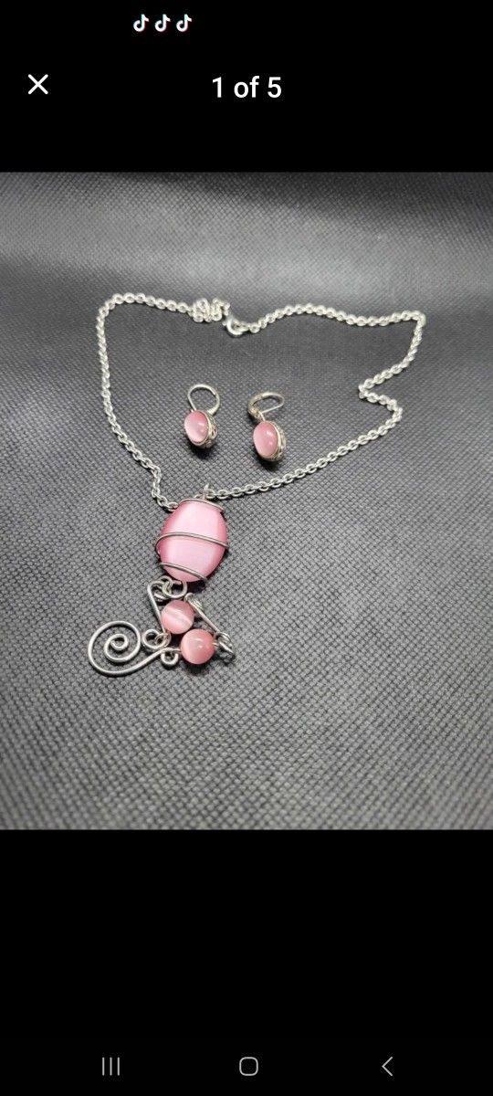 Pink Stone Earrings And Necklace