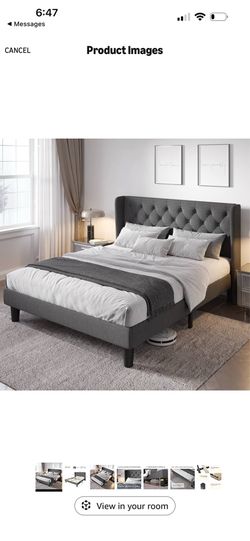 Allewie Full Size Bed Frame with Button Tufted Wingback Headboard, Modern Fabric Upholstered Platform Bed Frame with Strong Wood Slat Support, No Box 