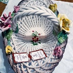 Italian Capodimonte Porcelain Weaved Basket. 17" Long New