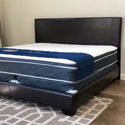 Brand New King Size Black Leather Bed Frame With New 12.5 Inch PillowTop Mattress Set/Fast Delivery 
