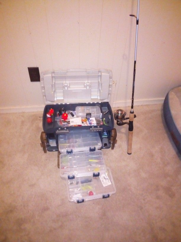 Big Large Tackle Box With Fishing Gear And Rod N Reel Combo