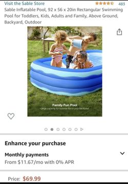 Sable Inflatable Pool, 92 x 56 x 20in Rectangular Swimming Pool for Toddlers, Kids, Adults and Family, Above Ground, Backyard, Outdoor  Sable Inflatab