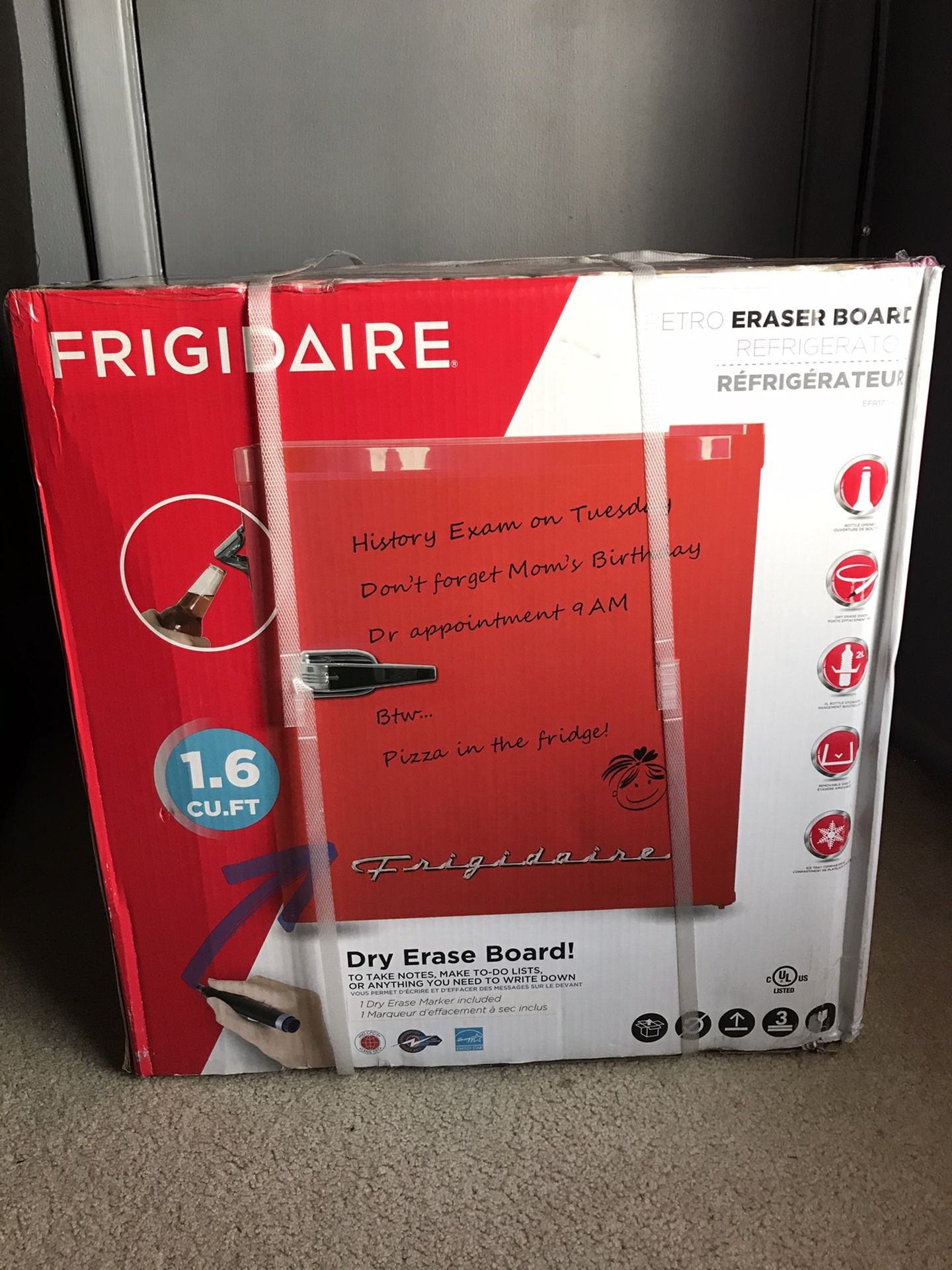 Frigidaire 1.6 Cu Ft Retro Dry Erase Compact Mini Fridge Refrigerator With Side Bottle Opener (EFR177) Red