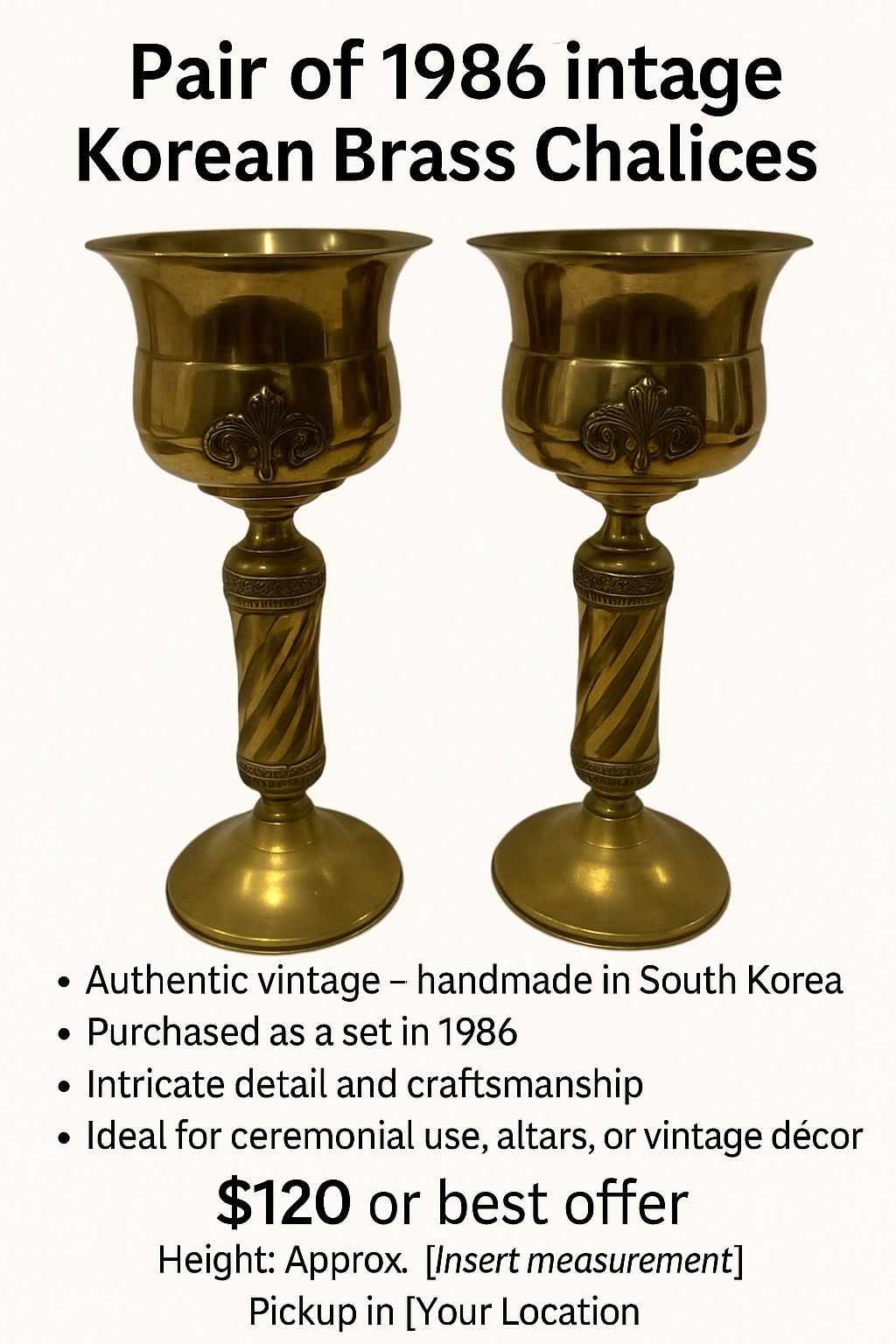 π Pair of 1986 Vintage Korean Brass Chalices β Handcrafted Set β