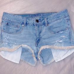 American Eagle Outfitters Light Wash Factory Distressed Fringe Denim Shorts