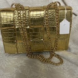 Gold Croc-Embossed Chain Bag