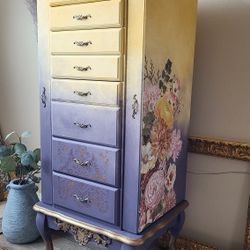 Large Refinished Floral Jewelry Armoire - Craft Storage