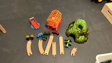 Basket of wooden train sets