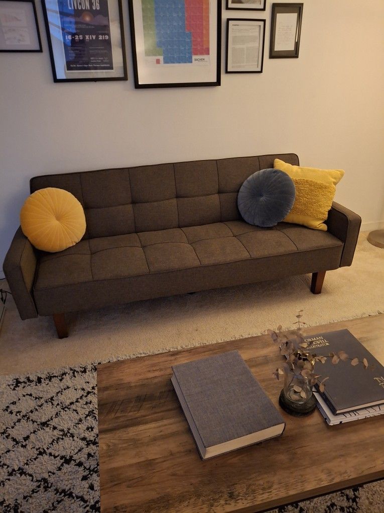 Mid century Modern Heather Brown Convertible Futon COUCH