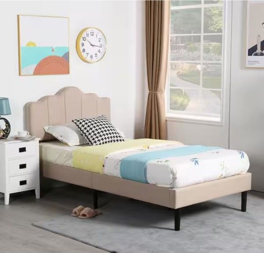 VECELO Platform Bed Frame, Beige Metal Frame Twin Size Platform Bed with Headboard Retail $169+tax