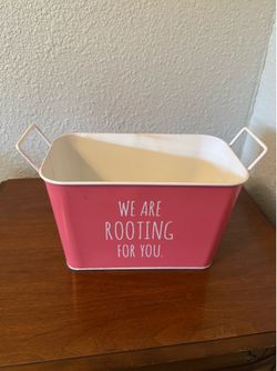 Decor Metal Pink “We Are Rooting For You.” Gift Tin. Brand New. 8 1/2” Great Gift