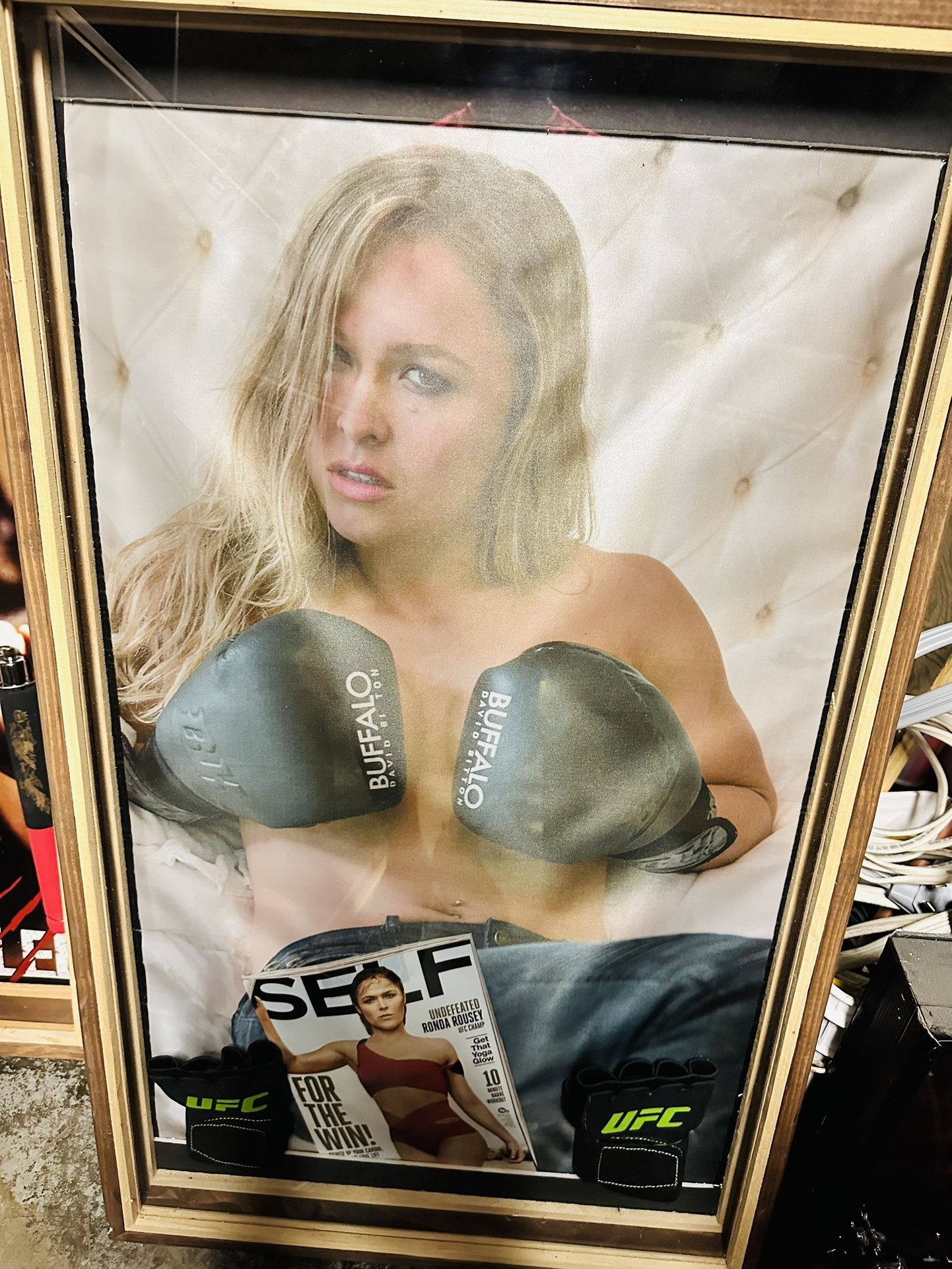 Rhonda rousing glass shadowbox with sparring gloves and magazine